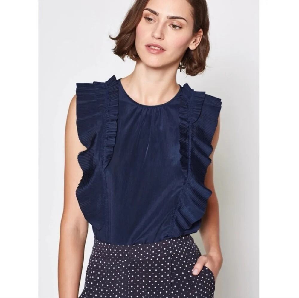 Joie Top Medium Navy Blue Satin Pleated Flutter Sleeve Blouse